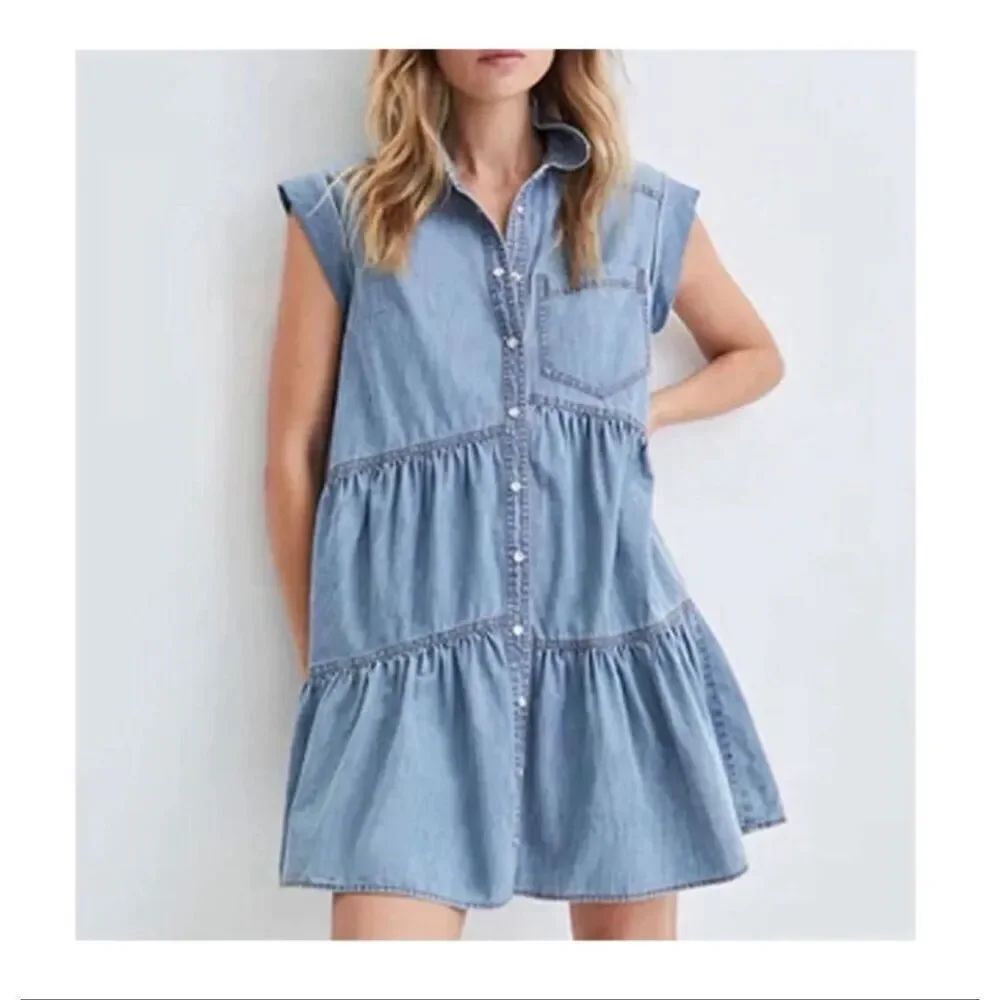 Veronica Beard Harrow Tiered Denim Shirt Dress Size 2 Blue Chambray Button Down